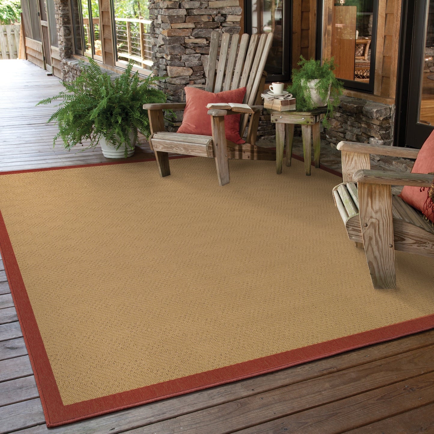 Lanai Beige Red Casual Border Indoor/Outdoor Rug