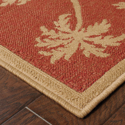 Lanai Beige Red Casual Palm Border Indoor/Outdoor Rug