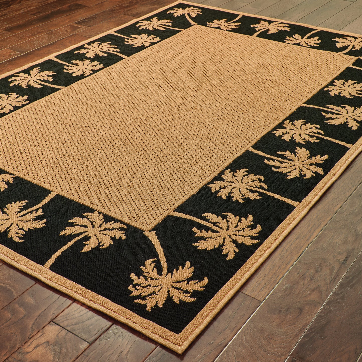 Lanai Beige Black Casual Palm Border Indoor/Outdoor Rug