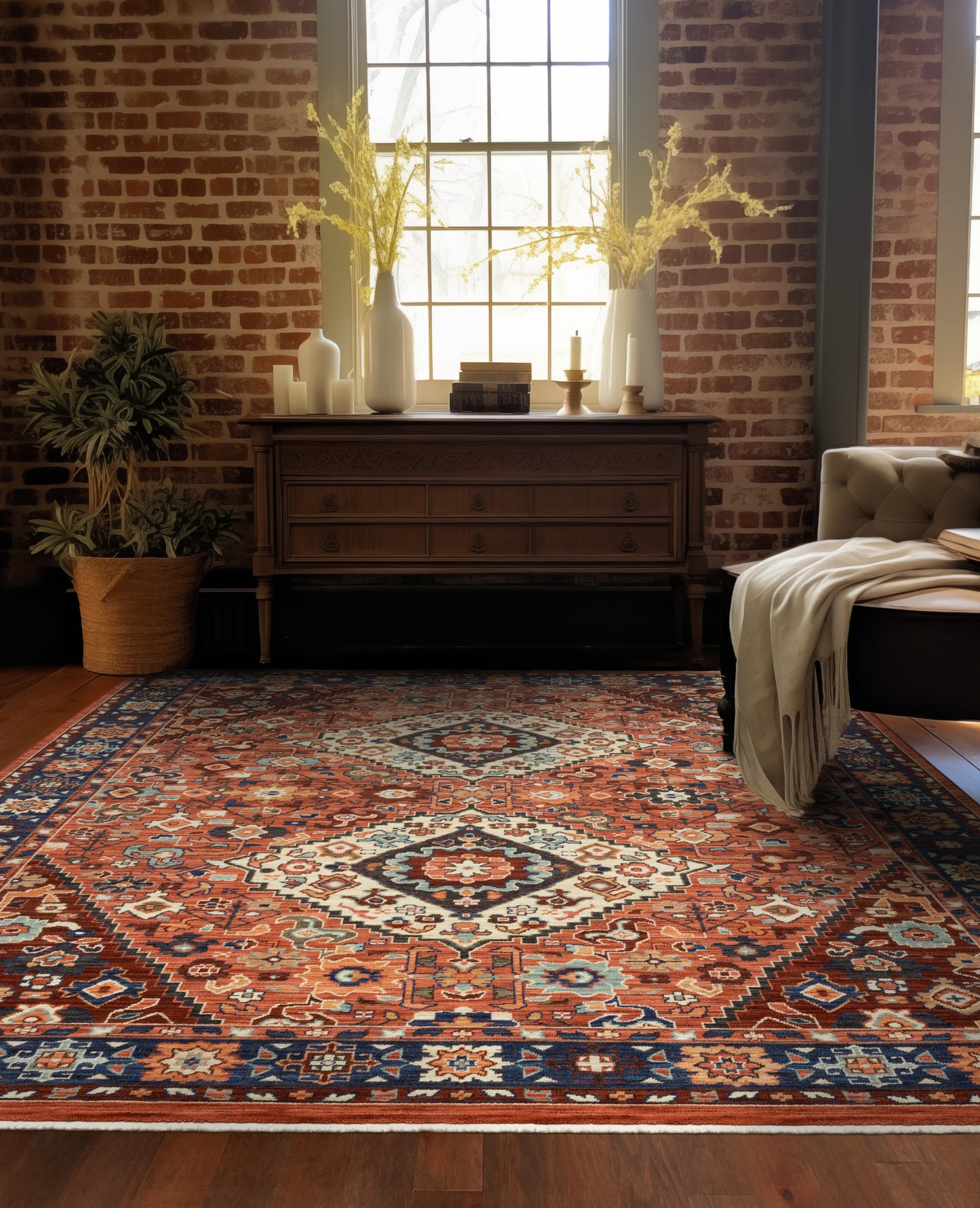 Lilihan Red Blue Traditional Oriental Indoor Rug