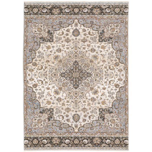 Maharaja Ivory Blue Traditional Oriental Indoor Rug