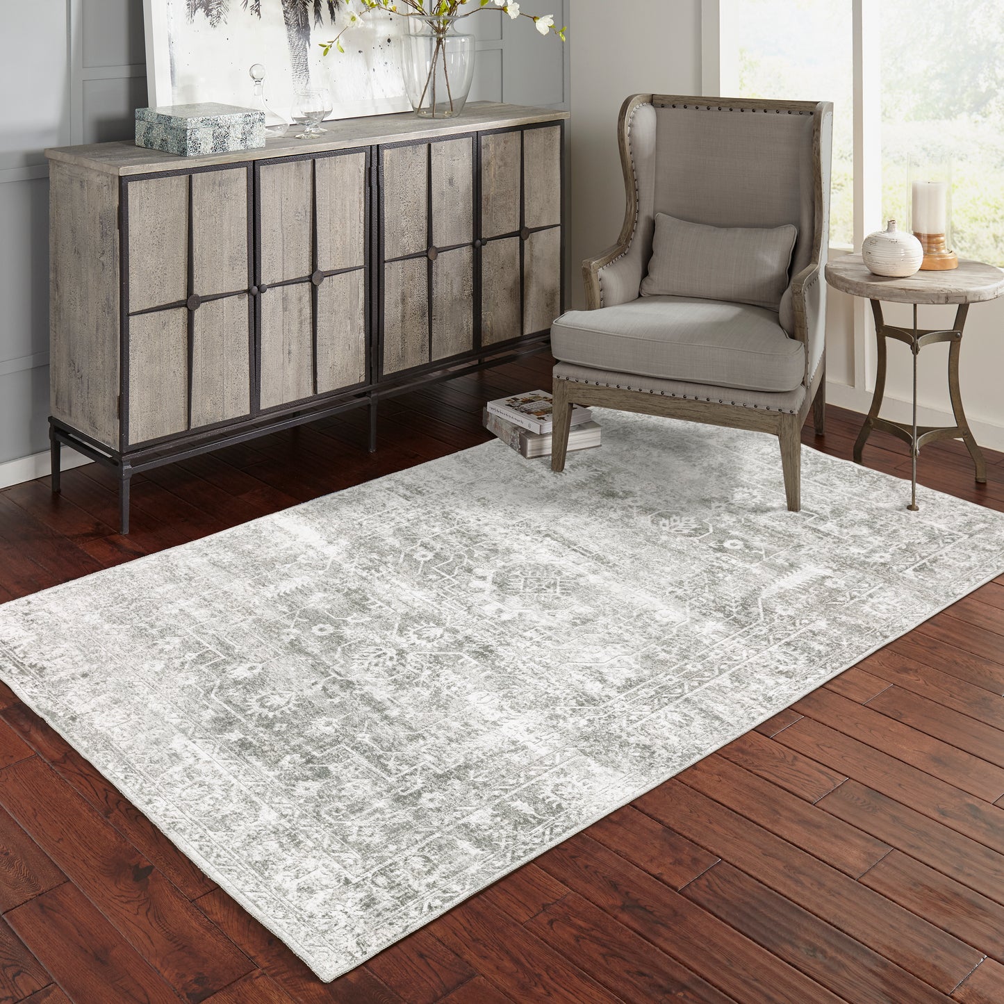 Malibu Sage Green Grey Traditional Oriental Indoor Rug