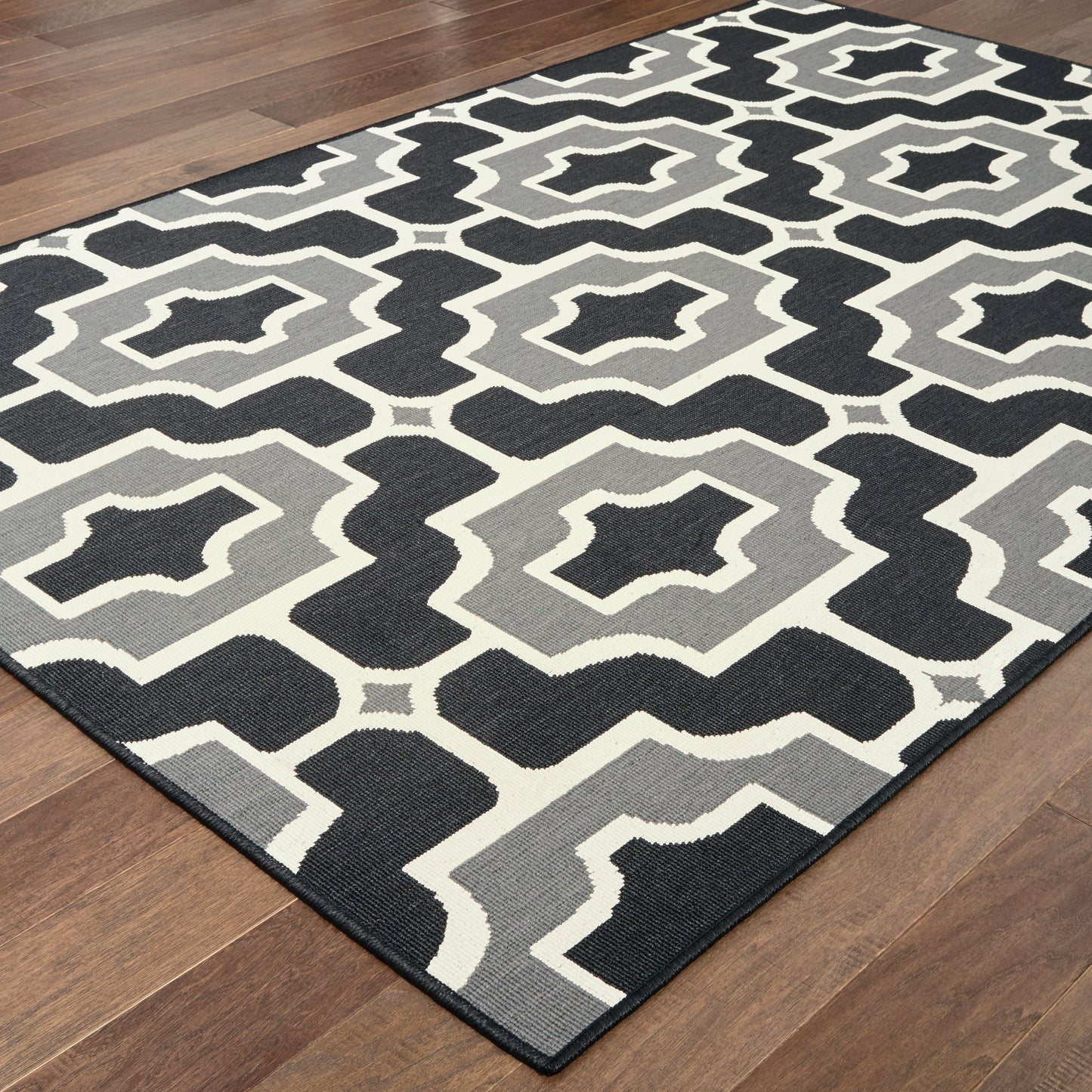 Marina Black Grey Moroccan Geometric Indoor/Outdoor Rug