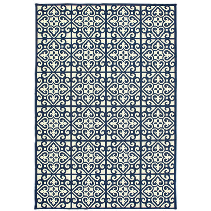 Marina Ivory Navy Moroccan Geometric Indoor/Outdoor Rug