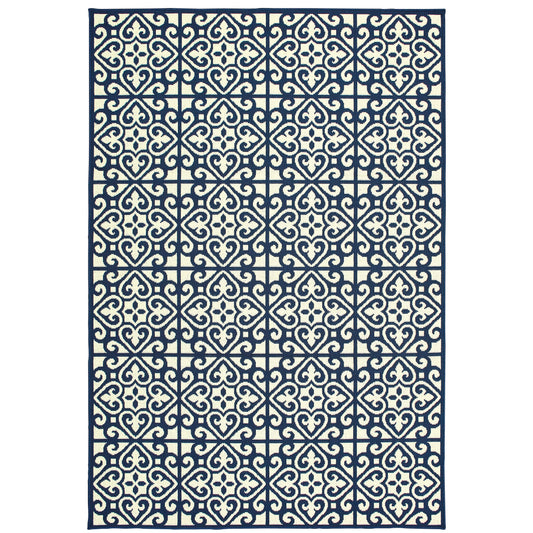 Marina Ivory Navy Moroccan Geometric Indoor/Outdoor Rug