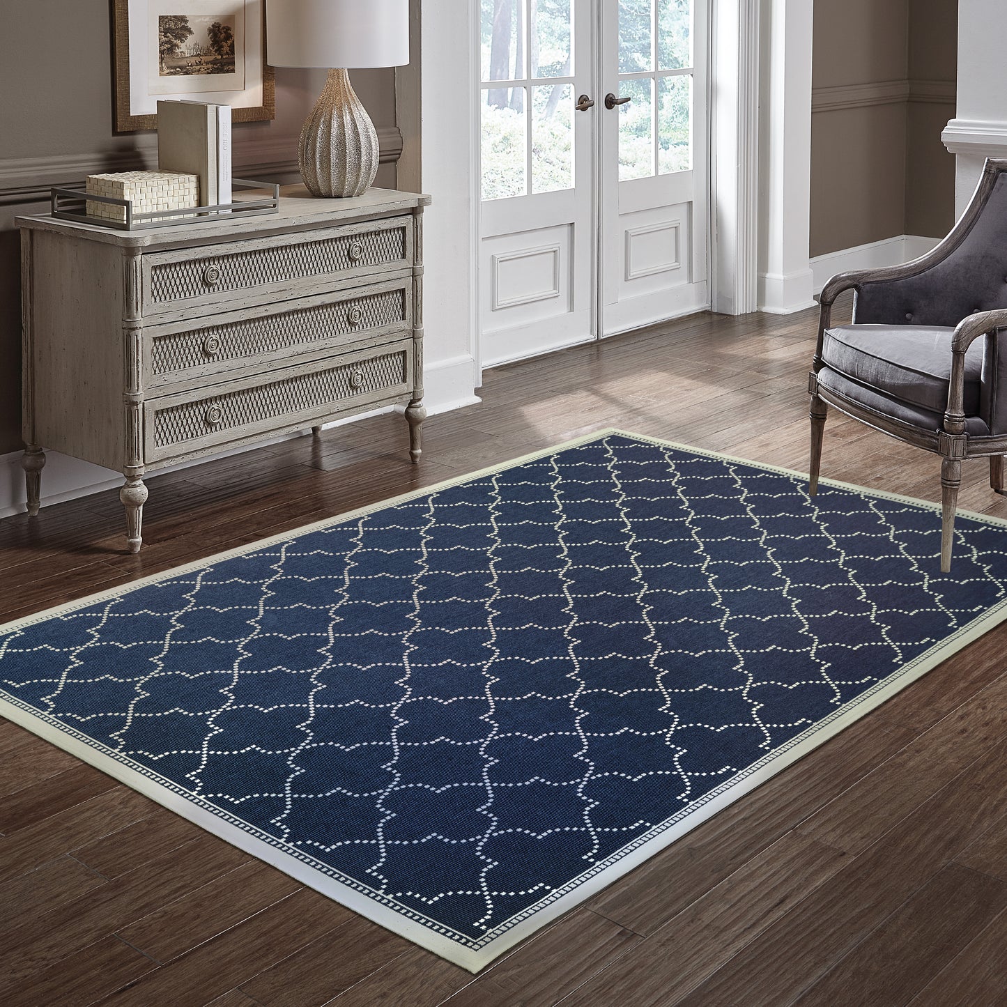 Marina Navy Ivory Moroccan Geometric Indoor/Outdoor Rug