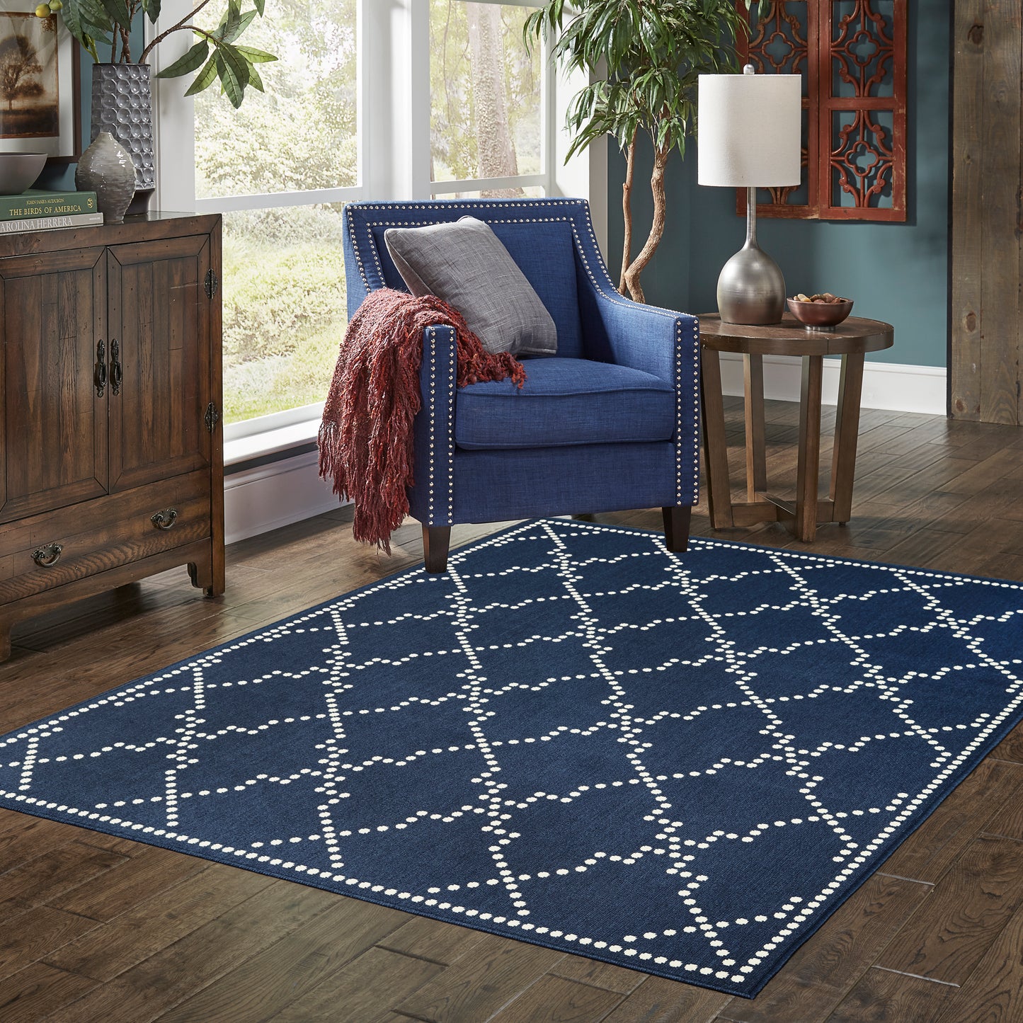 Marina Navy Ivory Moroccan Geometric Indoor/Outdoor Rug