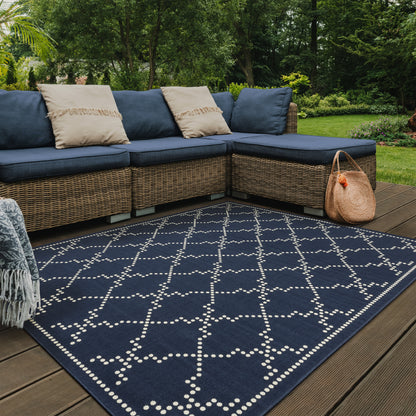 Marina Navy Ivory Moroccan Geometric Indoor/Outdoor Rug