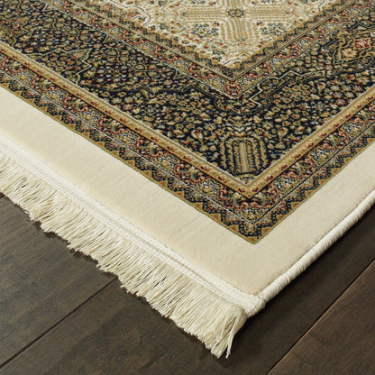 Masterpiece Ivory Dark Blue Traditional Oriental Indoor Rug