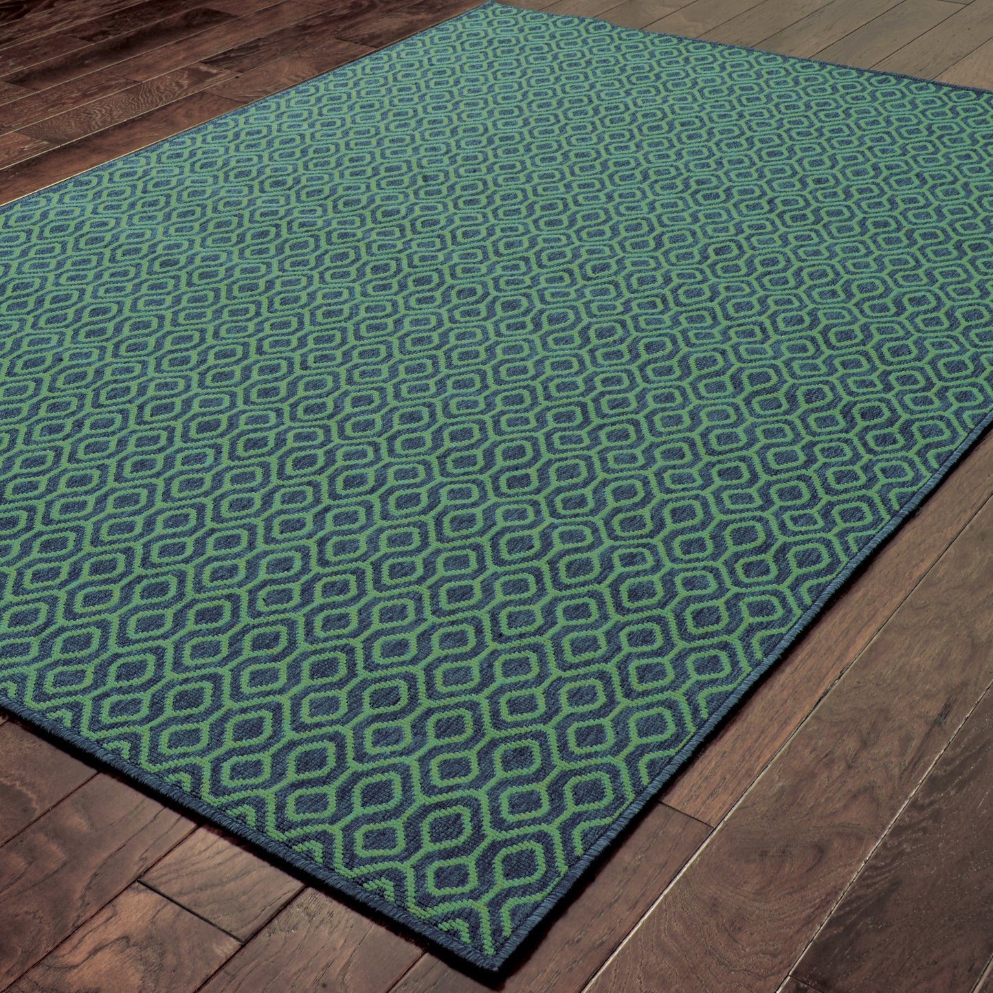 Meridian Navy Green Transitional Geometric Indoor/Outdoor Rug