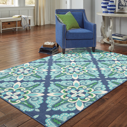 Meridian Blue Green Moroccan Medallion Indoor/Outdoor Rug