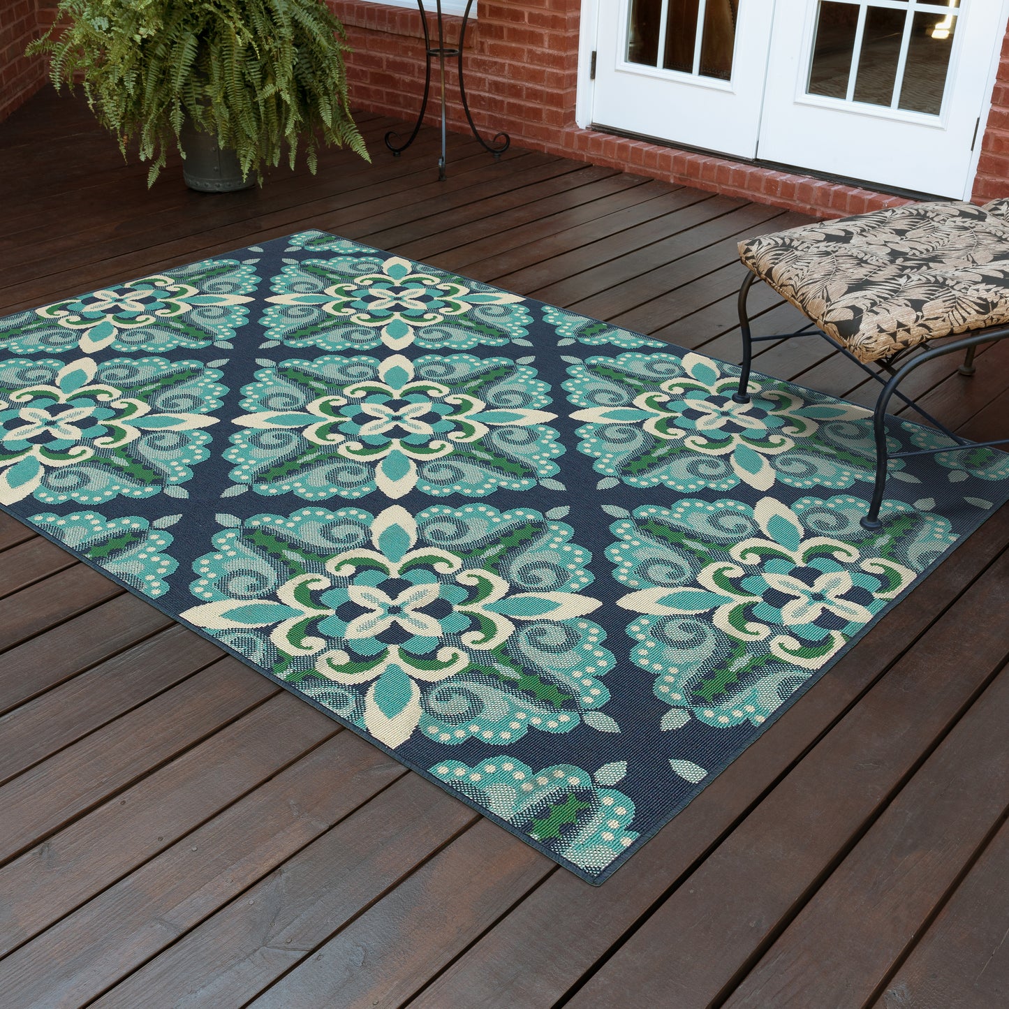 Meridian Blue Green Moroccan Medallion Indoor/Outdoor Rug