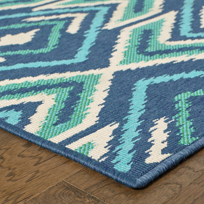 Meridian Navy Green Bohemian Geometric Indoor/Outdoor Rug