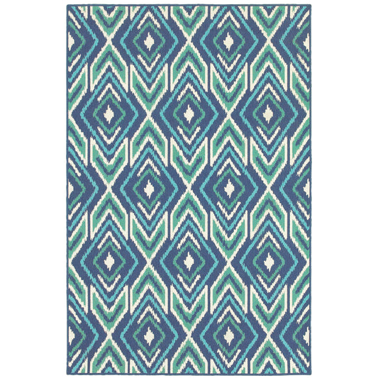 Meridian Navy Green Bohemian Geometric Indoor/Outdoor Rug