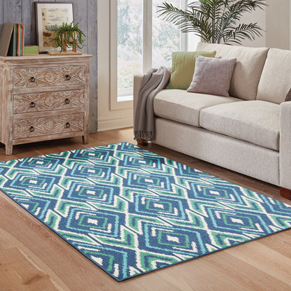 Meridian Navy Green Bohemian Geometric Indoor/Outdoor Rug