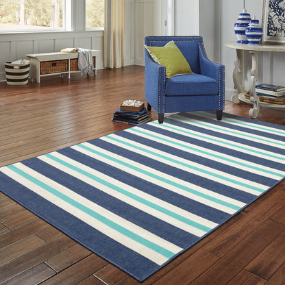 Meridian Blue Ivory Nautical & Coastal Striped Indoor/Outdoor Rug