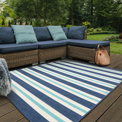 Meridian Blue Ivory Nautical & Coastal Striped Indoor/Outdoor Rug