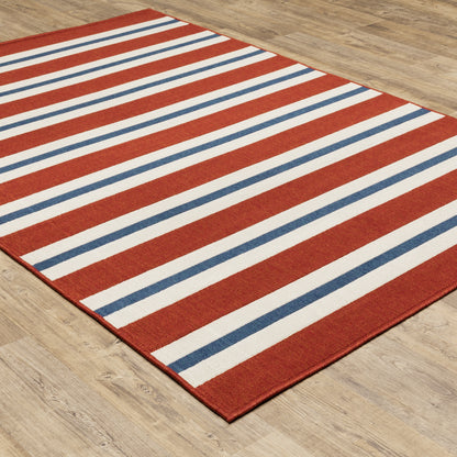 Meridian Red Blue Nautical & Coastal Striped Indoor/Outdoor Rug