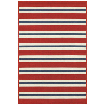 Meridian Red Blue Nautical & Coastal Striped Indoor/Outdoor Rug