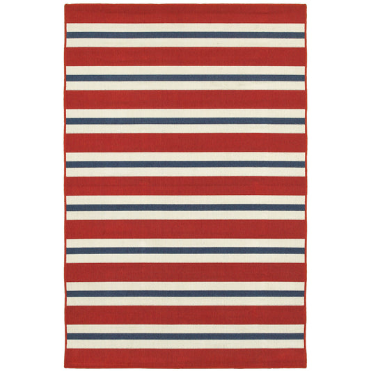 Meridian Red Blue Nautical & Coastal Striped Indoor/Outdoor Rug