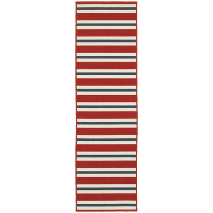 Meridian Red Blue Nautical & Coastal Striped Indoor/Outdoor Rug