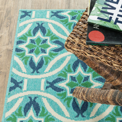 Meridian Blue Green Moroccan Floral Indoor/Outdoor Rug