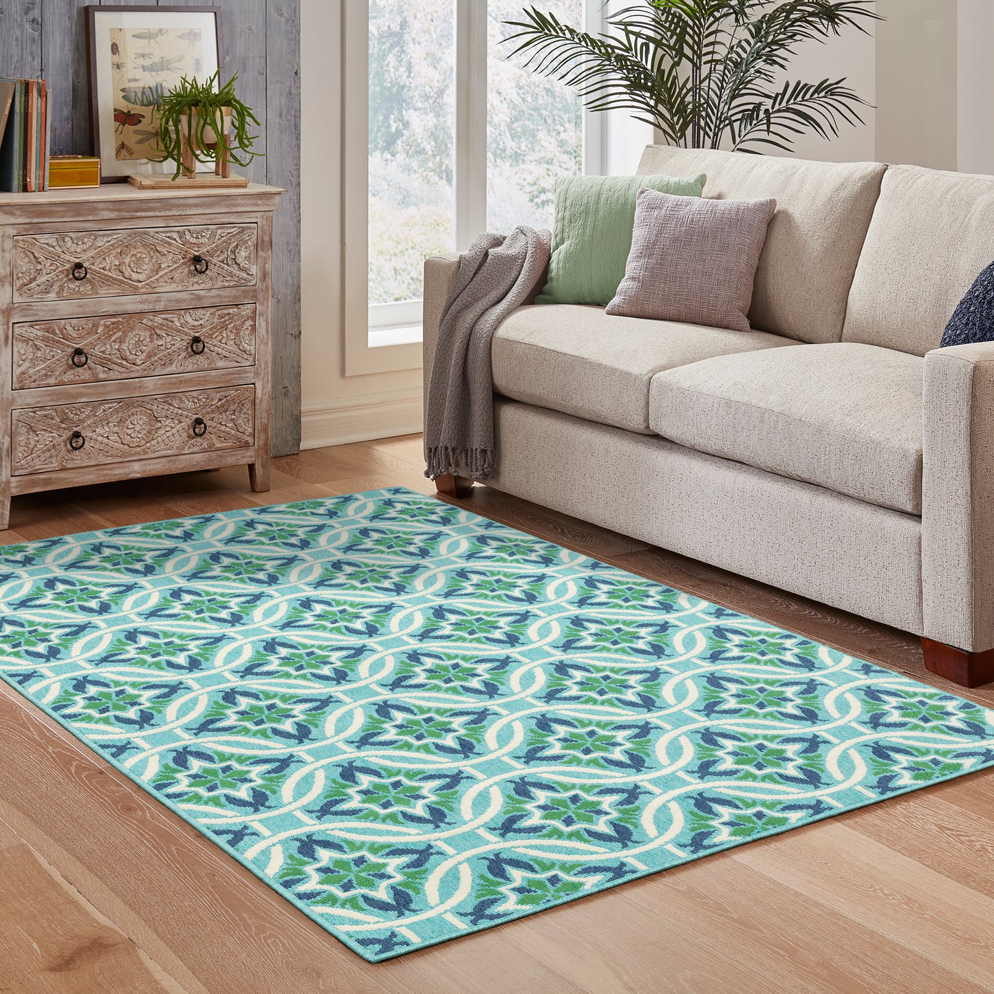 Meridian Blue Green Moroccan Floral Indoor/Outdoor Rug