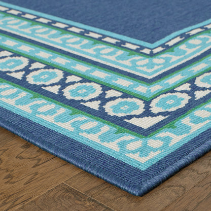 Meridian Navy Green Traditional Border Indoor/Outdoor Rug