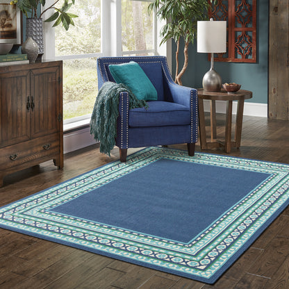 Meridian Navy Green Traditional Border Indoor/Outdoor Rug