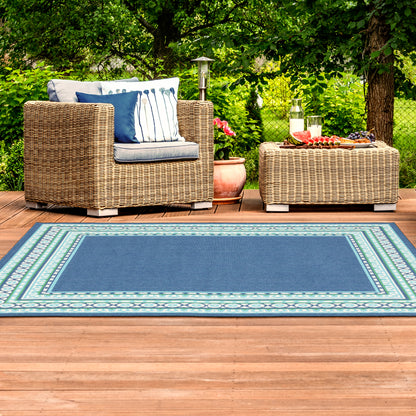 Meridian Navy Green Traditional Border Indoor/Outdoor Rug