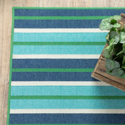 Meridian Blue Green Nautical & Coastal Striped Indoor/Outdoor Rug