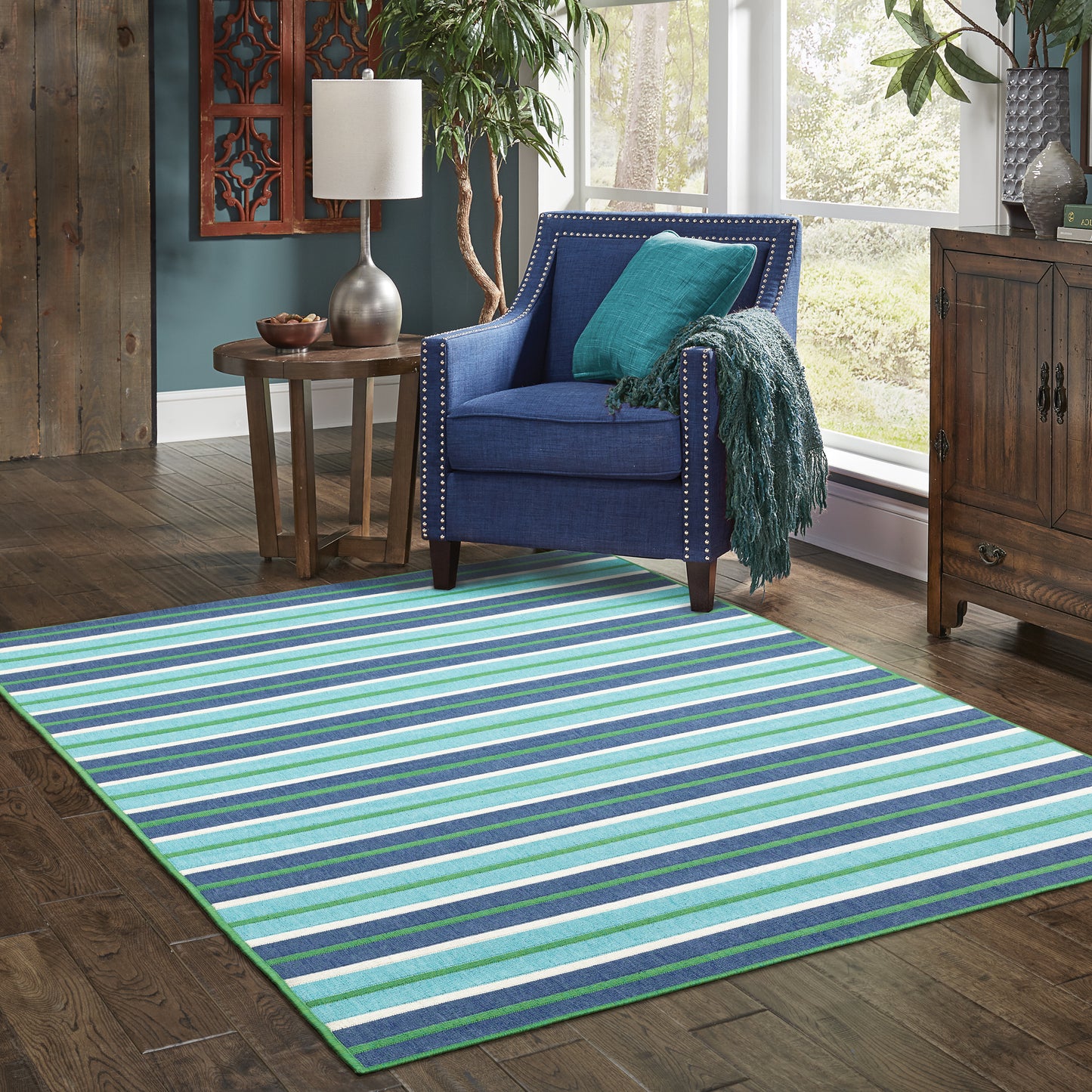 Meridian Blue Green Nautical & Coastal Striped Indoor/Outdoor Rug