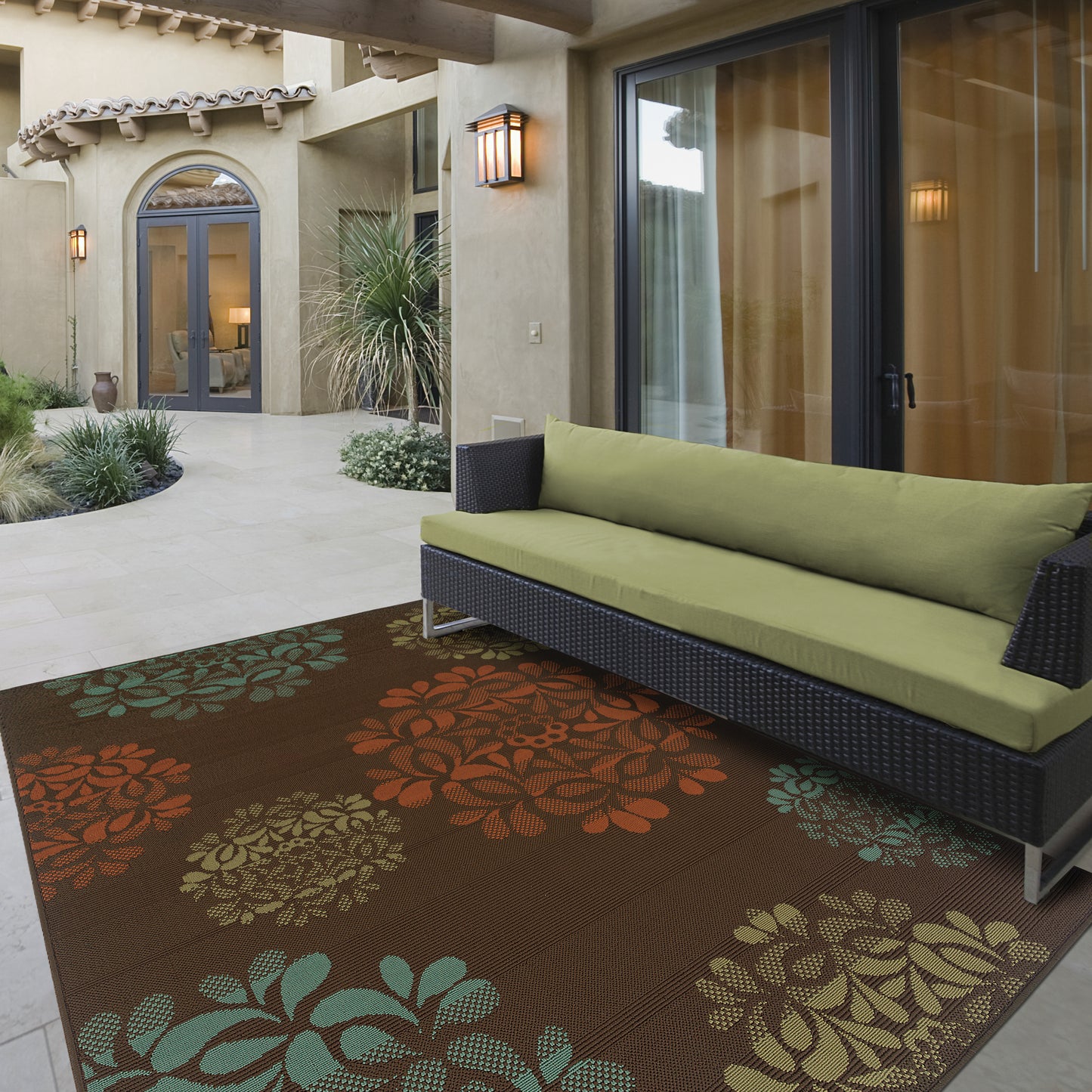 Montego Brown Blue Transitional Floral Indoor/Outdoor Rug