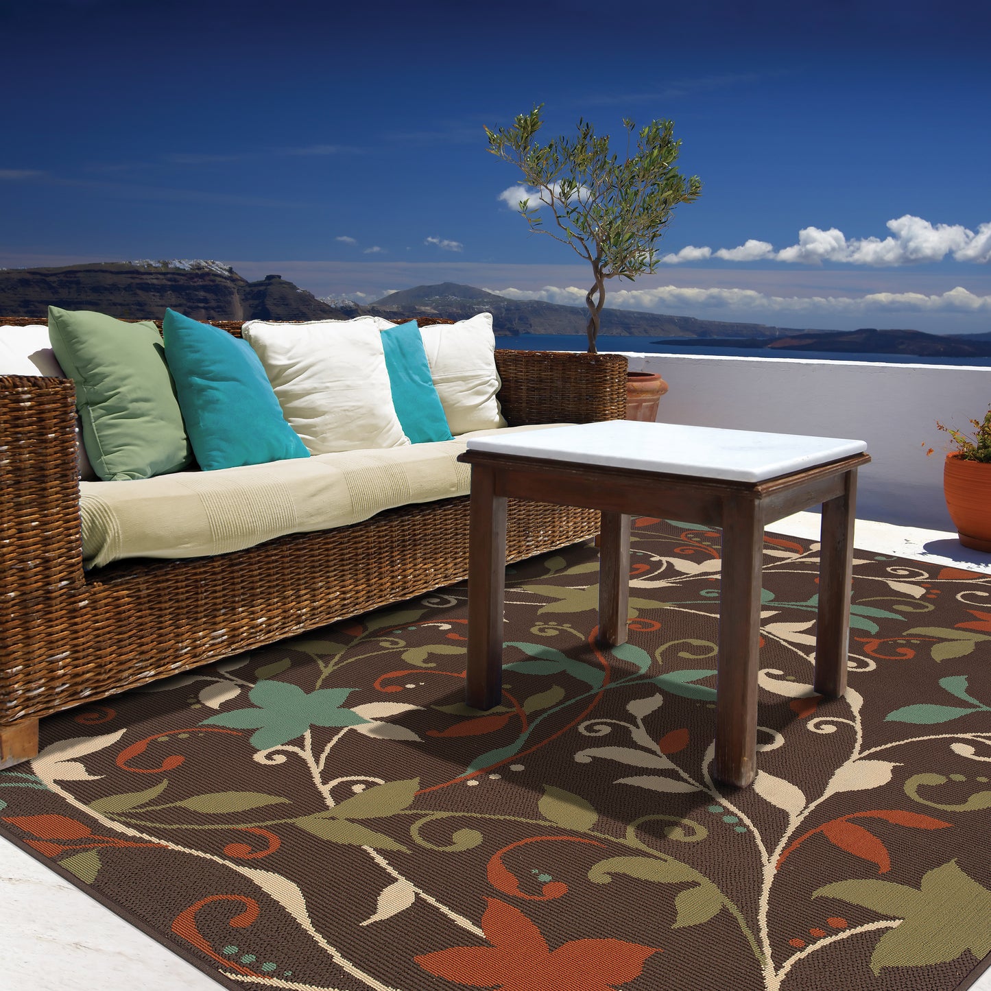 Montego Brown Green Casual Floral Indoor/Outdoor Rug