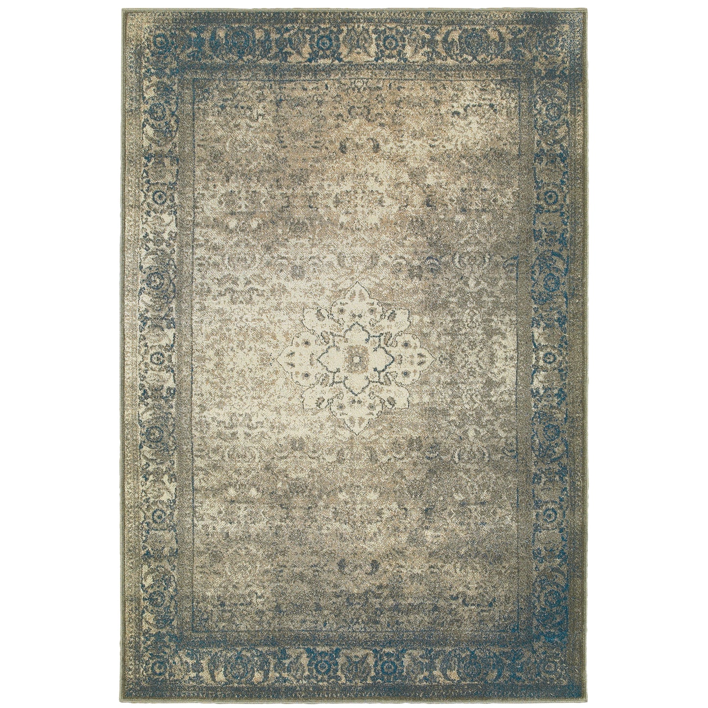 Pasha Blue Beige Traditional Distressed Indoor Rug