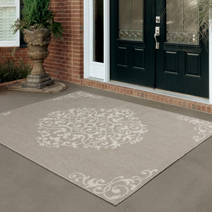 Portofino Taupe Ivory Traditional Floral Indoor/Outdoor Rug