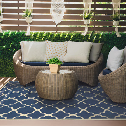 Riviera Blue Ivory Moroccan Geometric Indoor/Outdoor Rug