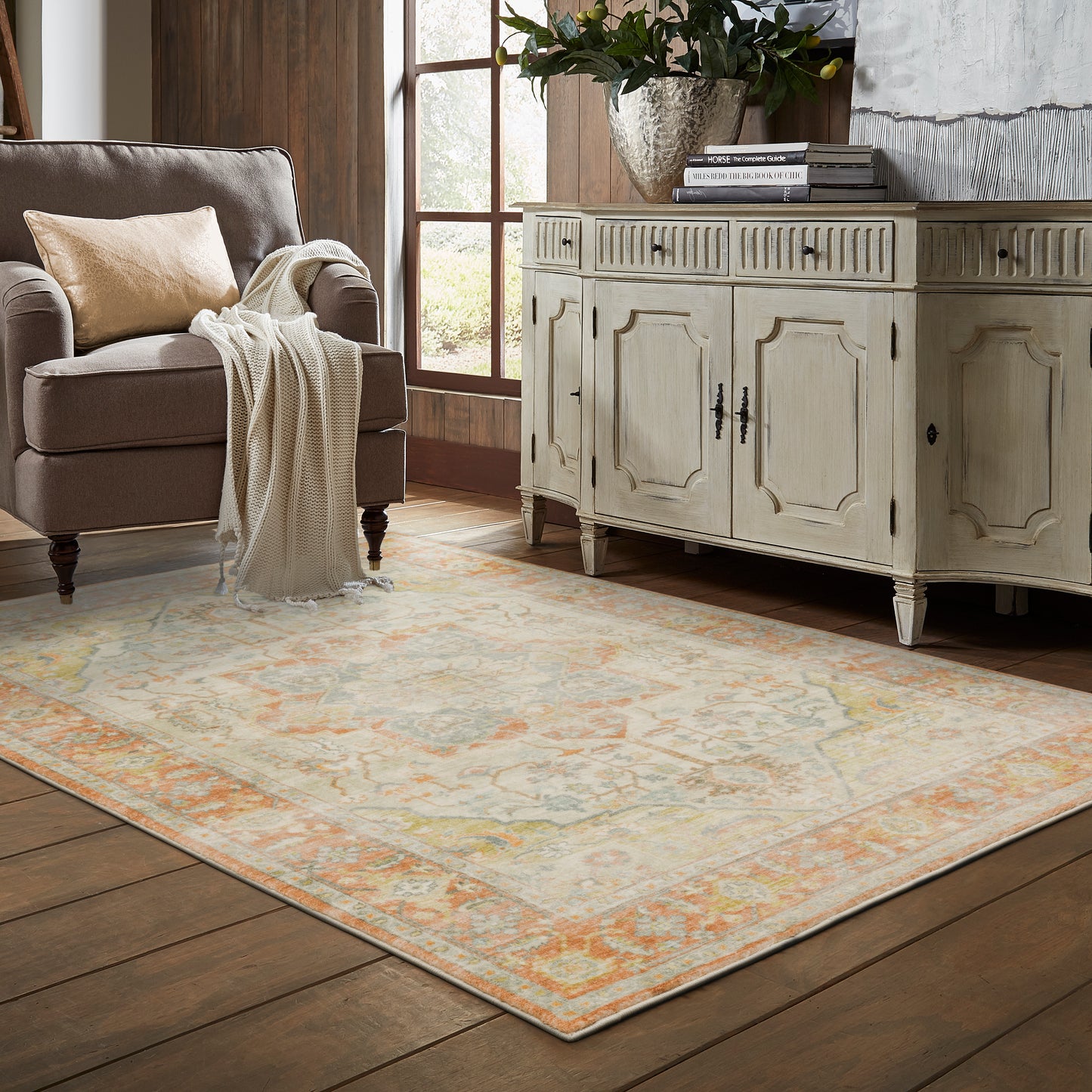 Savoy Orange Silver Traditional Medallion Indoor Rug