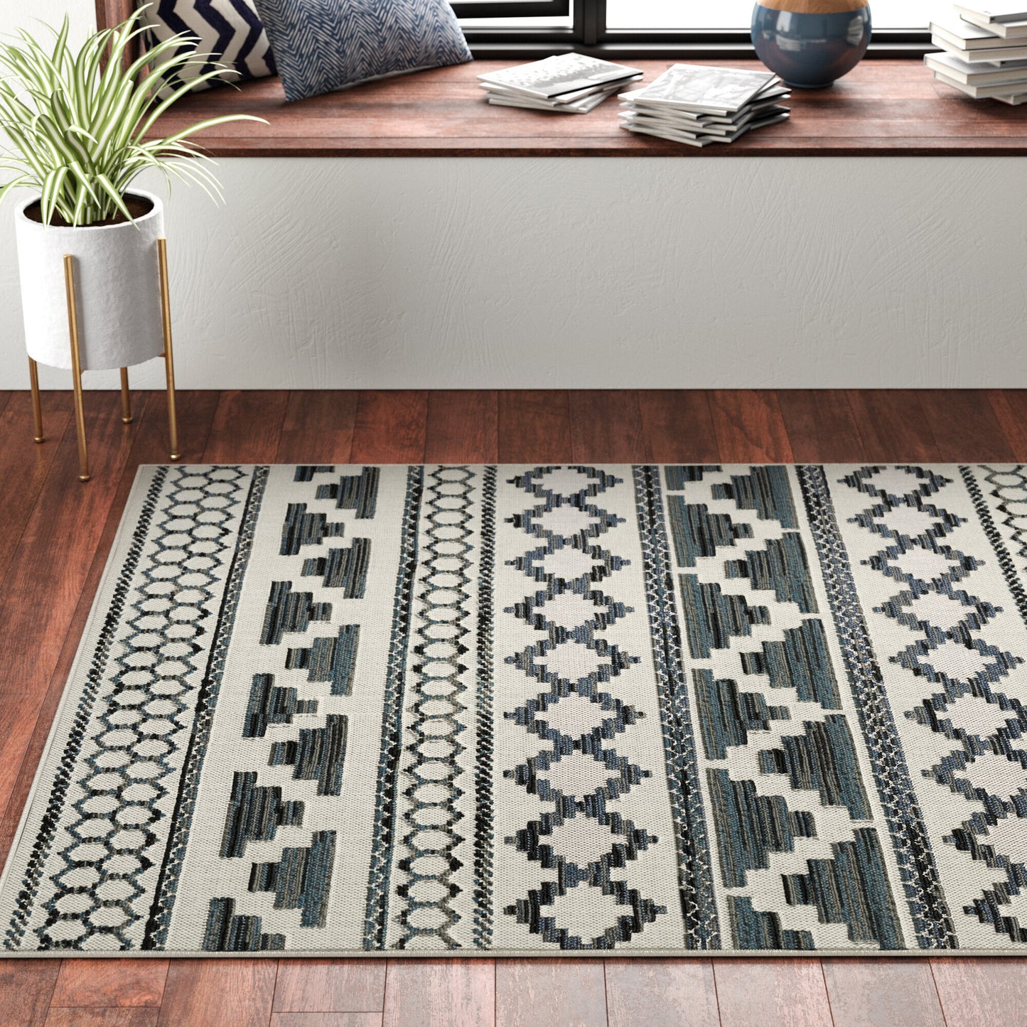 Torrey Light Grey Blue Tribal Geometric Indoor/Outdoor Rug