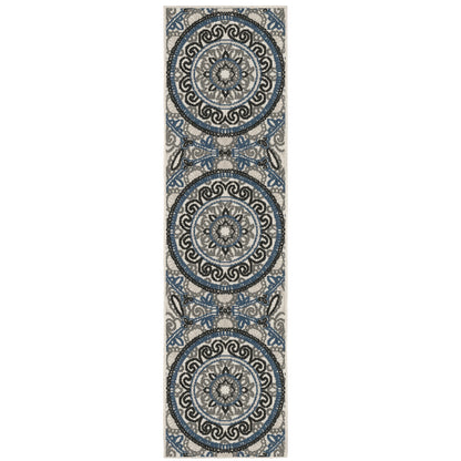 Torrey Light Grey Blue Bohemian Medallion Indoor/Outdoor Rug