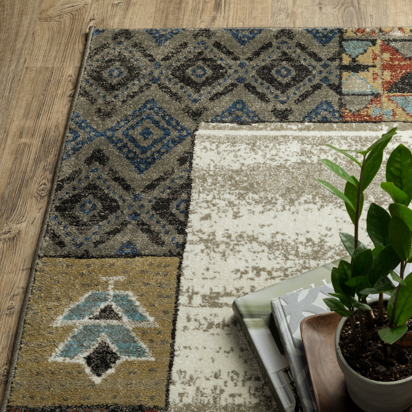 Venice Beige Blue Bohemian Patchwork Indoor Rug