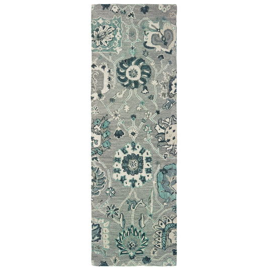 Zahra Grey Blue Bohemian Floral Indoor Rug