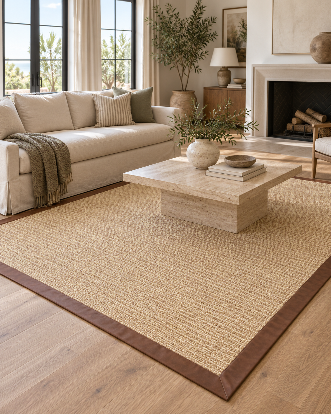 Sand Sisal Rug with Oak Leather Border in Living Room