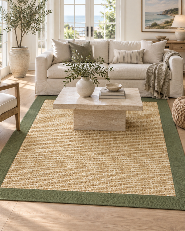 Sand Sisal Rug with Olive Green Extra Wide Canvas Border