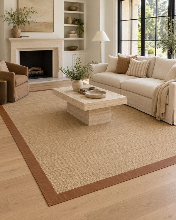 Bone Sisal Rug with Oak Leather Border