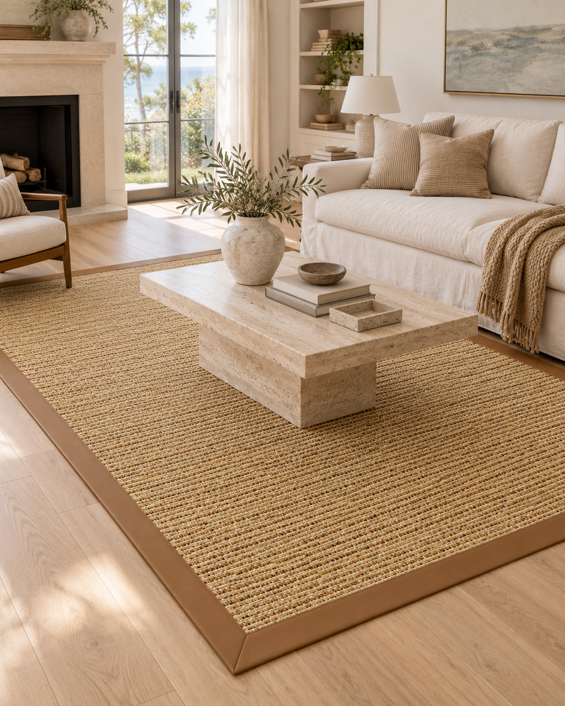 Spice Sisal Rug with Cinnamon Faux Leather Border in Living Room