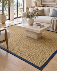 Spice Sisal Rug with Navy Blue Cotton Border in Living Room 1