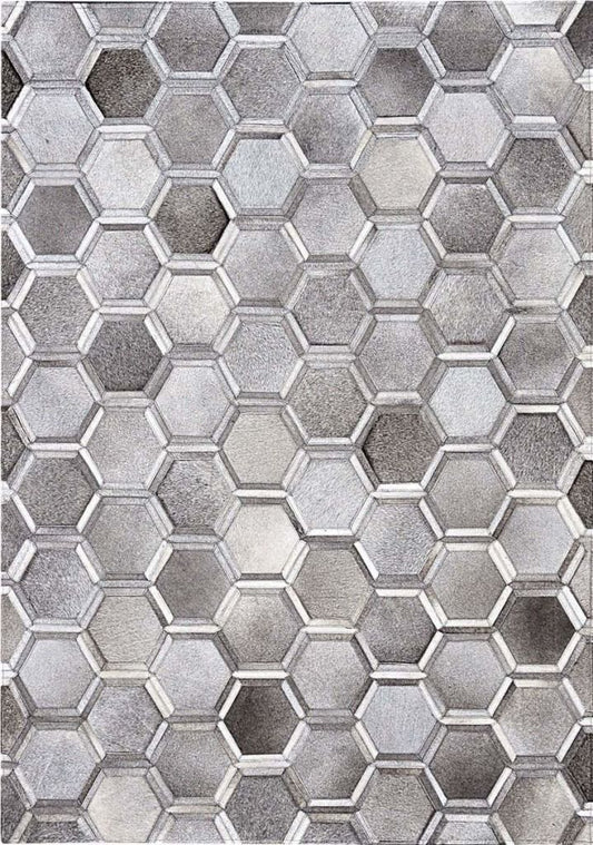 Area Rugs - Madisons Gray Cowhide Area Rug - 3D Hexagon Pattern Cowhide Patchwork Design