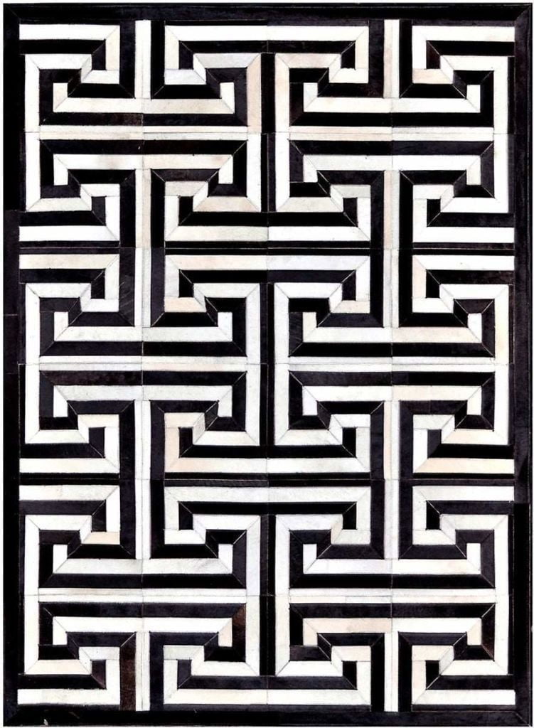 Area Rugs - Madisons Maze Pattern Black And White Cowhide Area Rug