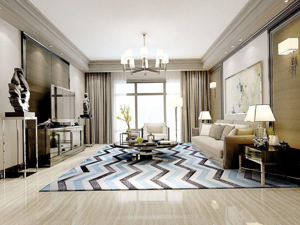 Poshrug Blue Black Chevron Cowhide Patchwork Rug alternate view
